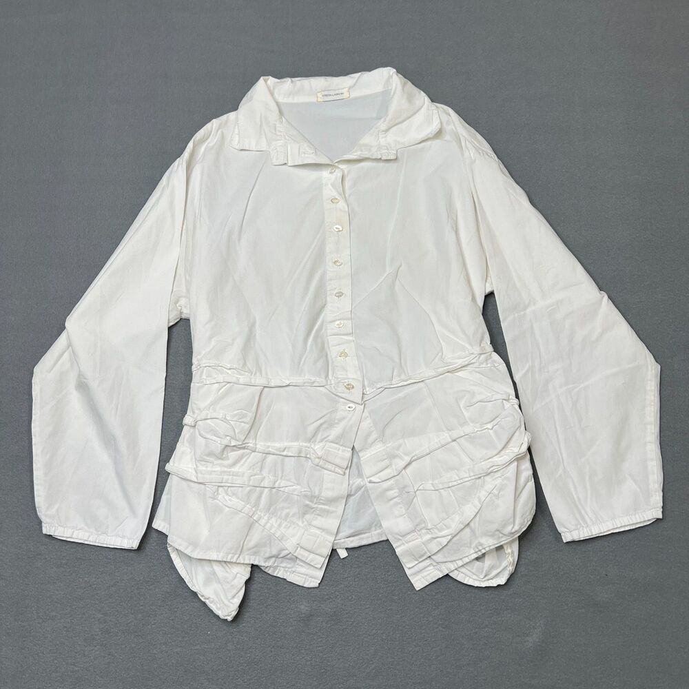 Krista Larson Blouse Women OS White 100% Cotton Layered Ruffle Hem Button-Up